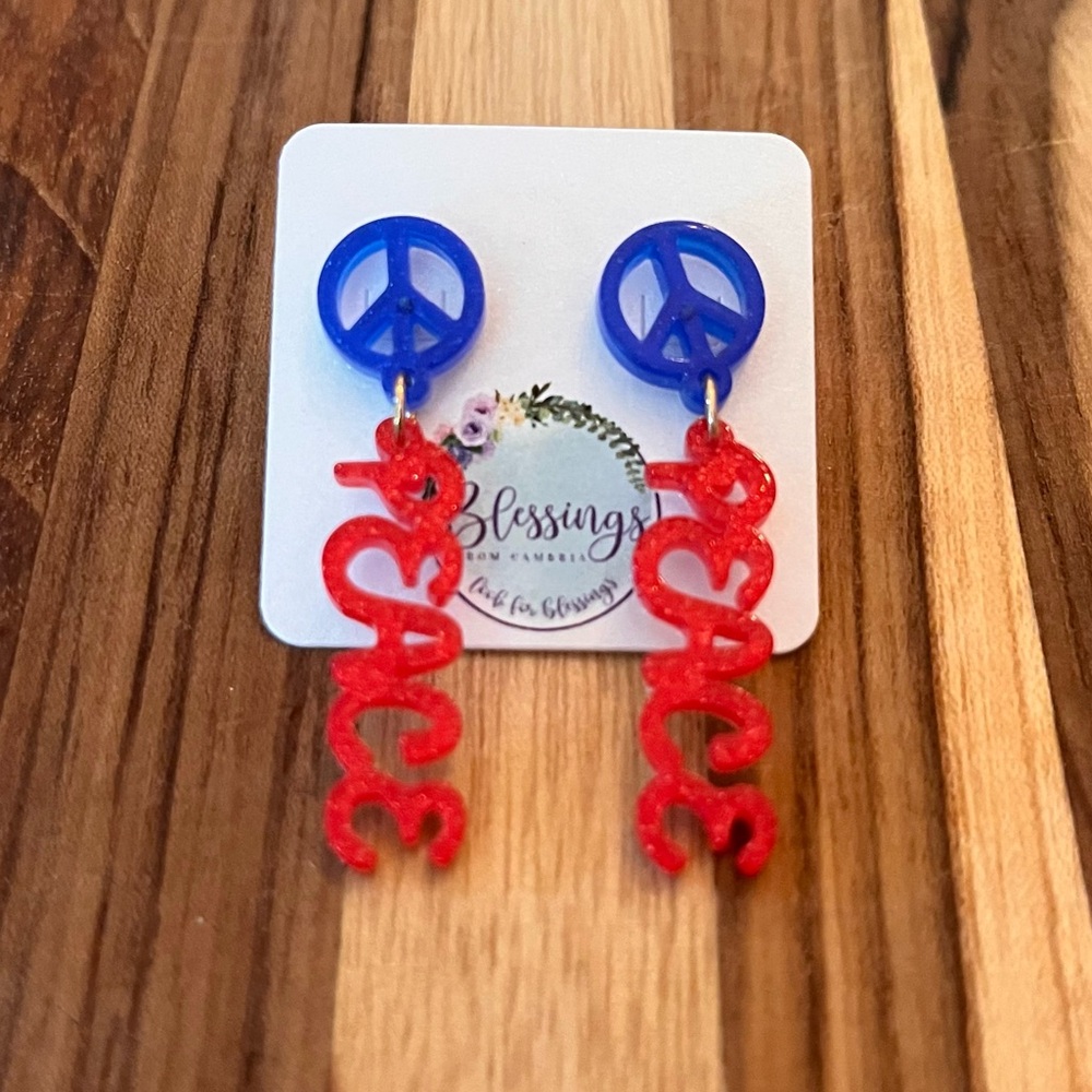 Blue and Red Lazer Cut Peace Sign Earrings